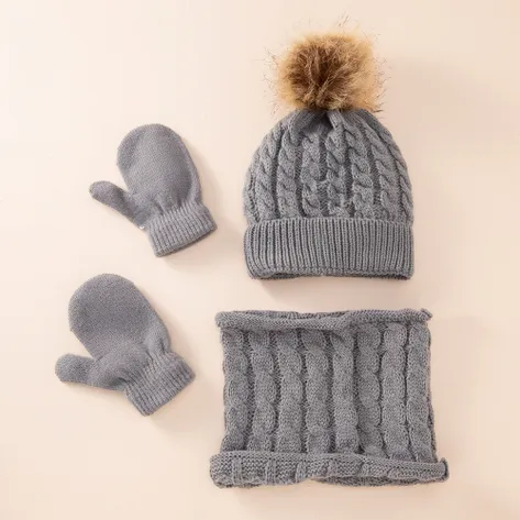 Kids Girls Gray Wool Three-Piece Scarf Sets