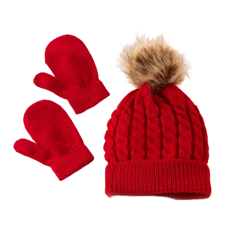 Kids Girls Red Wool Three-Piece Scarf Sets