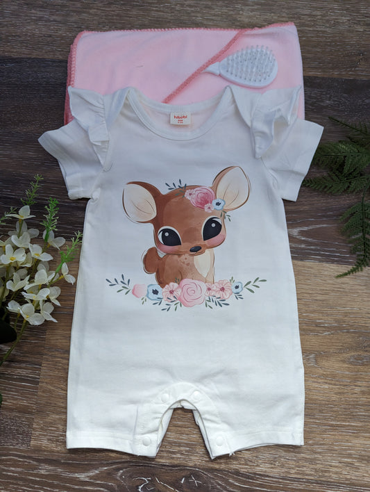 Baby Girl White Deer Short Sleeve Romper