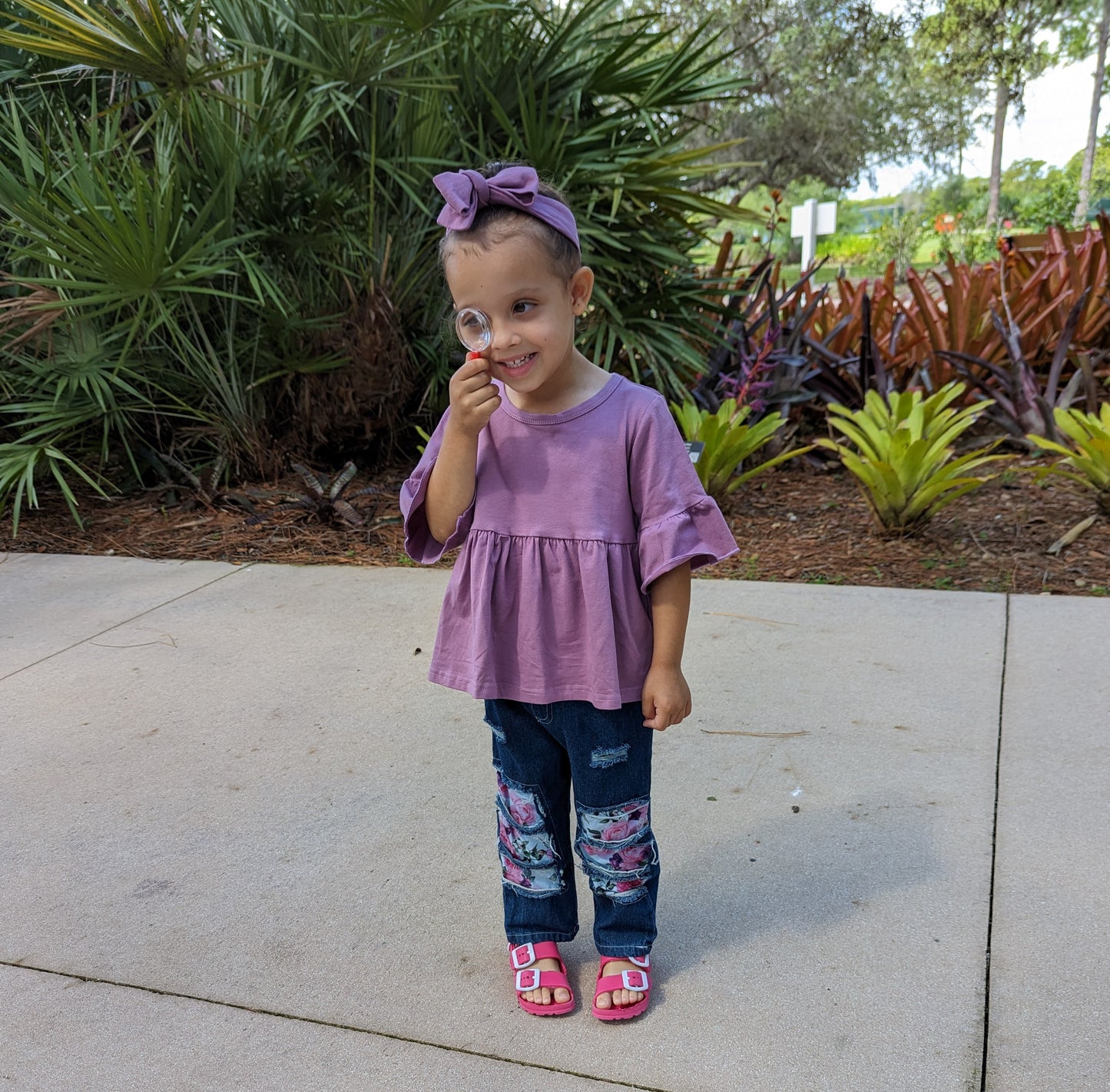 Baby Girls 3-Piece Purple Flared Sleeve Top, Floral Ripped Jeans & Headband Set