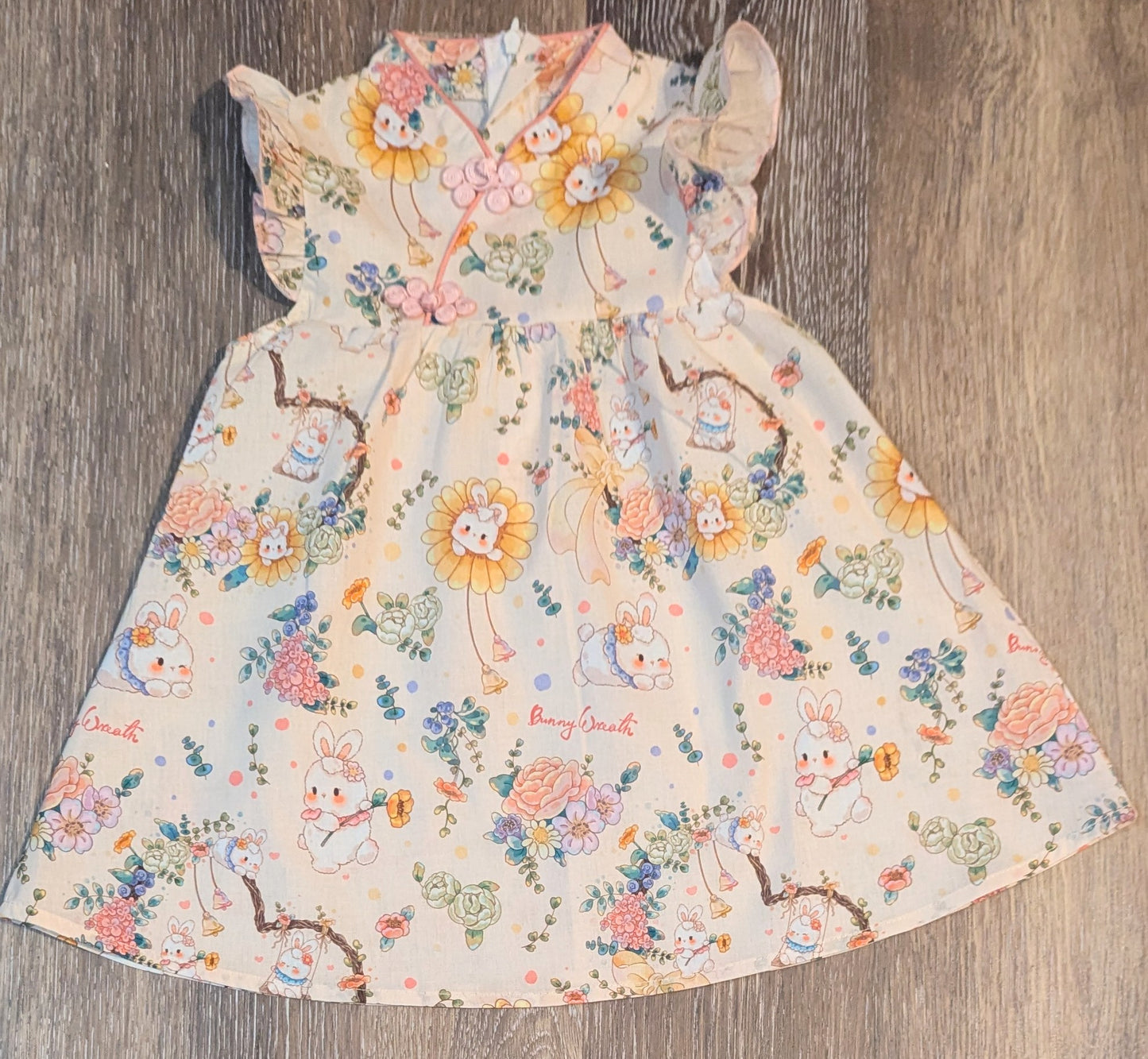 Baby Girl Cartoon Bunny Flower Printed Fly Sleeve Princess Dress