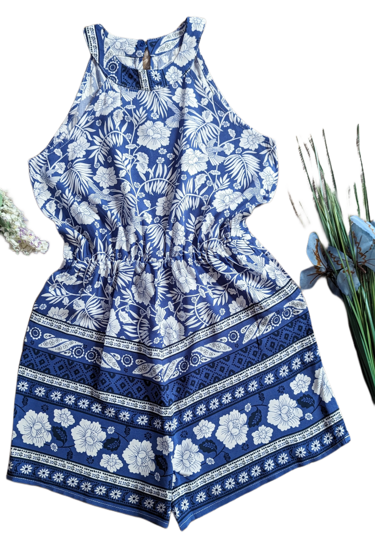 Girls' Blue and White Halter Neck Romper – Stylish Summer Outfit