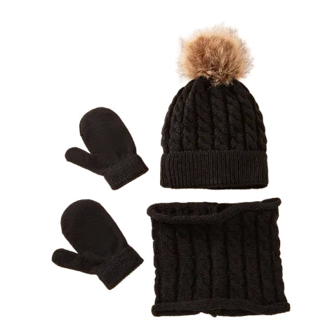 Kids Girls Black Wool Three-Piece Scarf Sets