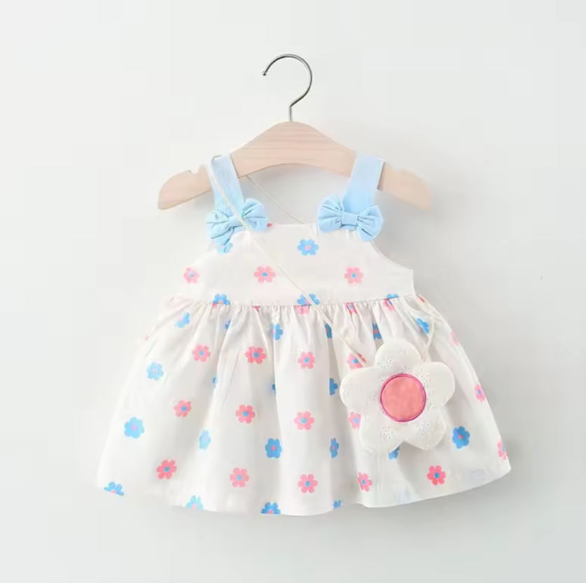 Girls Cute White Pink Blue Bow Tie Dress