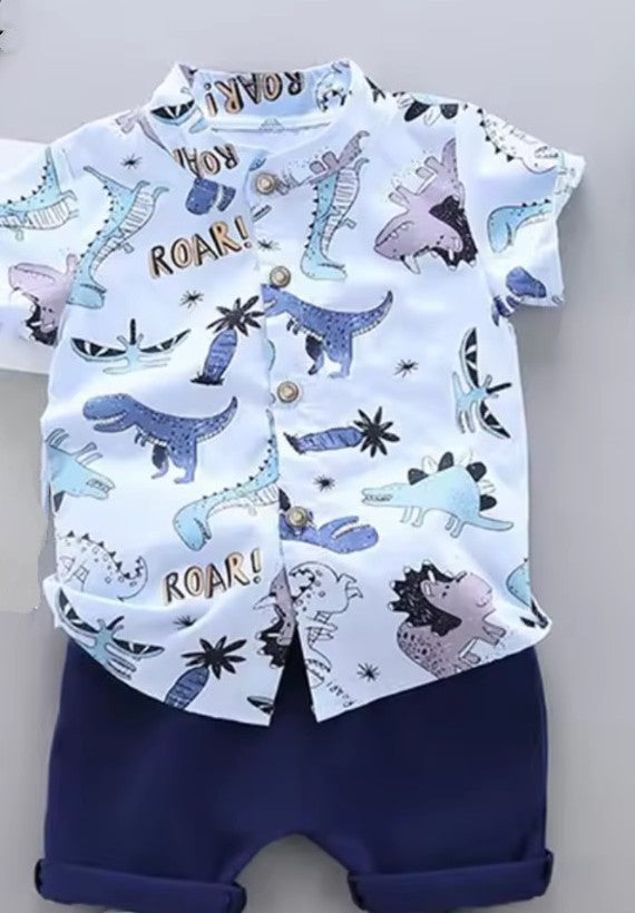 Boys 2PCS Cartoon Dinosaur Pattern Collar Shirt and Blue Short Set
