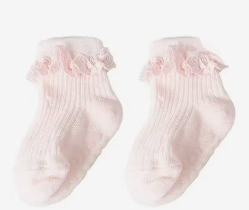 Girls Pink Lace Socks Anti Slip Adhesive