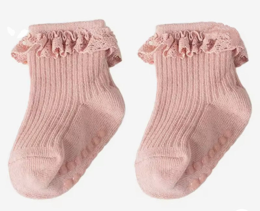 Girls Blush Lace Socks Anti Slip Adhesive