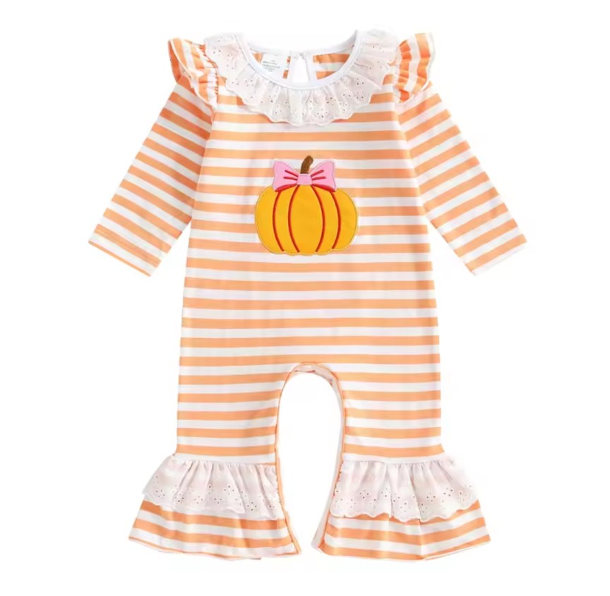Baby Long Sleeve Halloween Romper with Lace Ruffle Trim