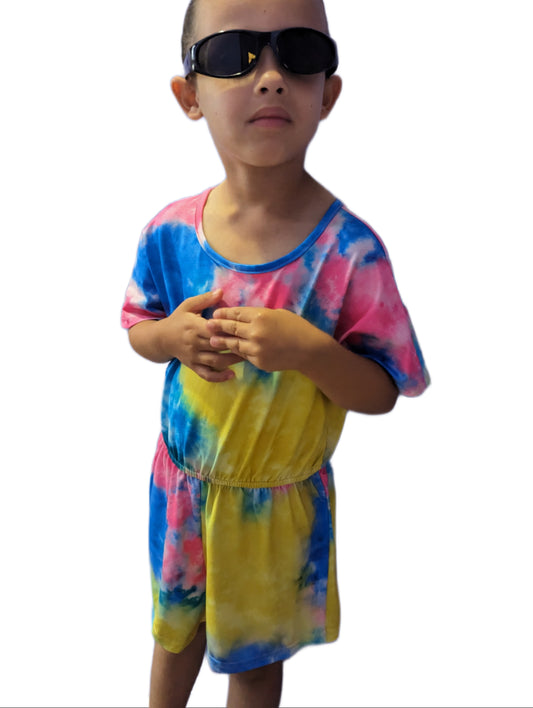 Kurzärmliger Strampler mit Batikmuster für Kinder und Mädchen in Gelb
