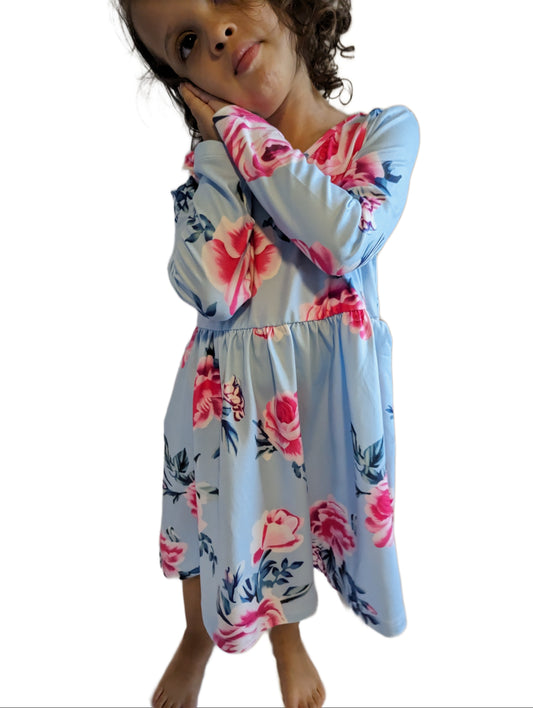 Robe bleu clair florale à manches longues pour enfants filles avec poches