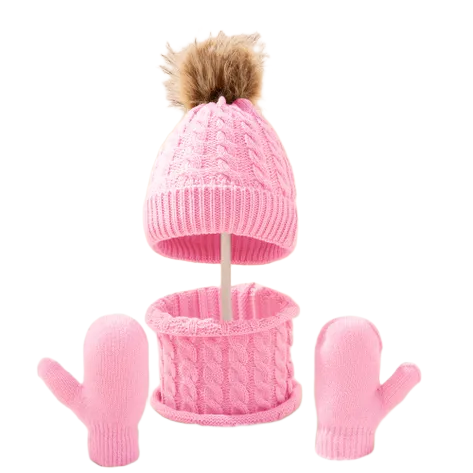 Kids Girls Pink Wool Three-Piece Scarf Sets