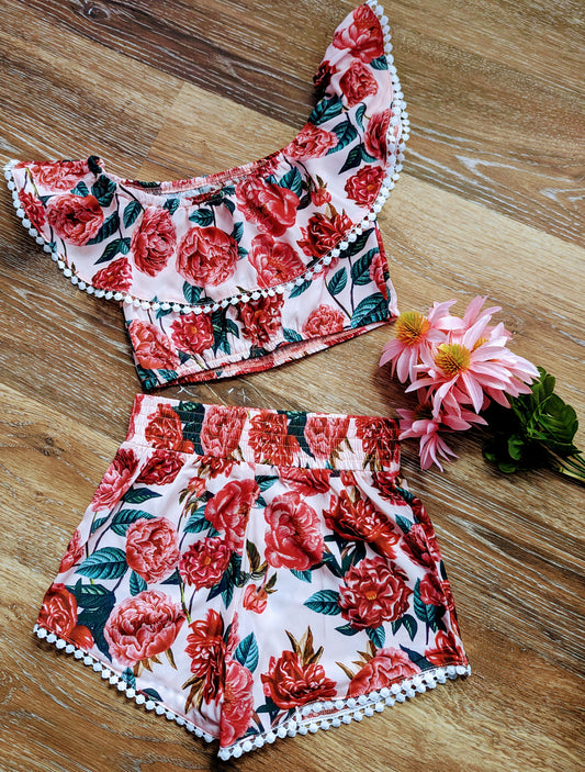 Kids Girls' Red Floral Ruffled Top & Shorts Set – Adorable Summer Outfit