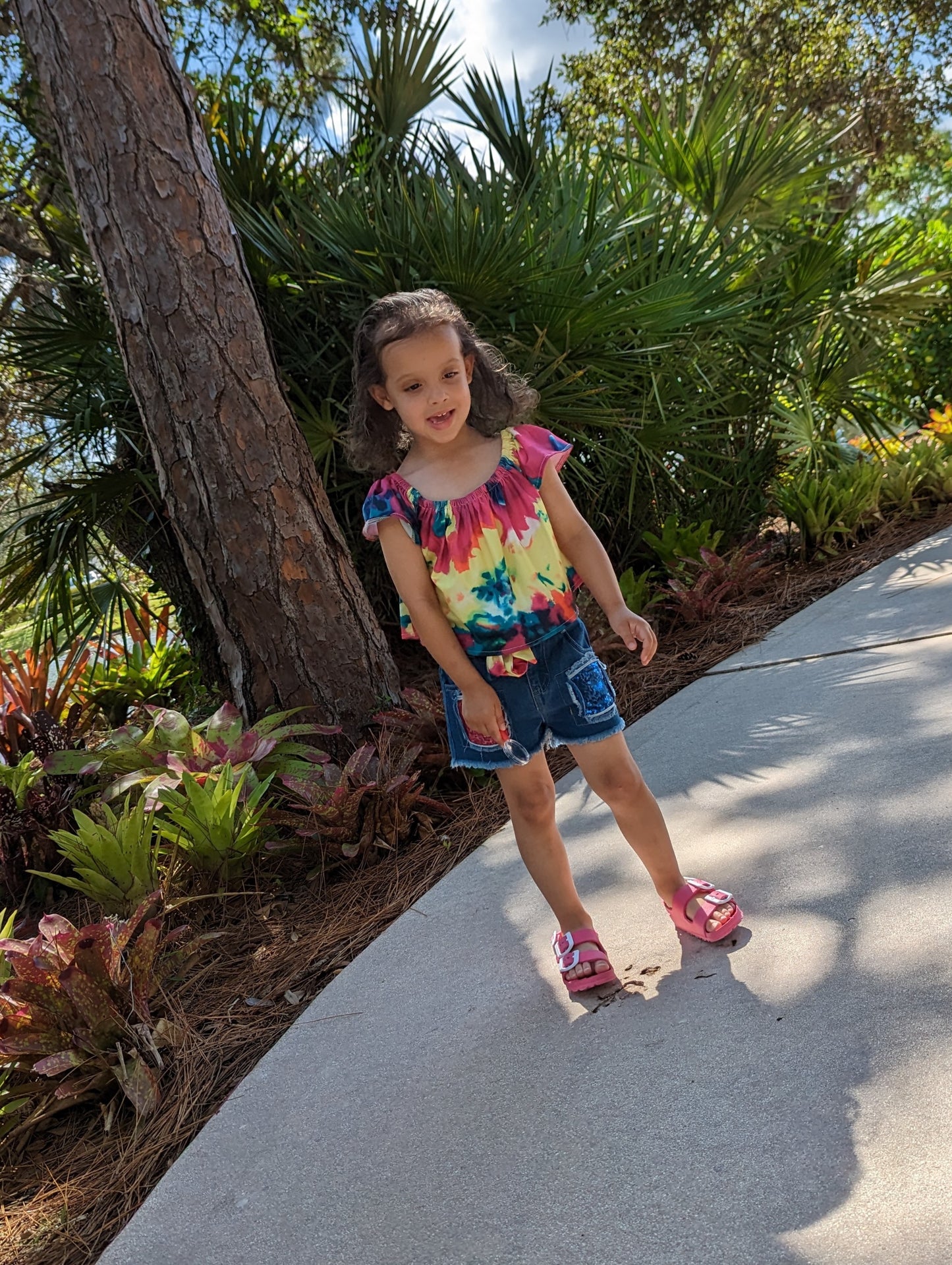 Ensemble 3 pièces short en jean et tie-dye pour enfants filles avec bandeau