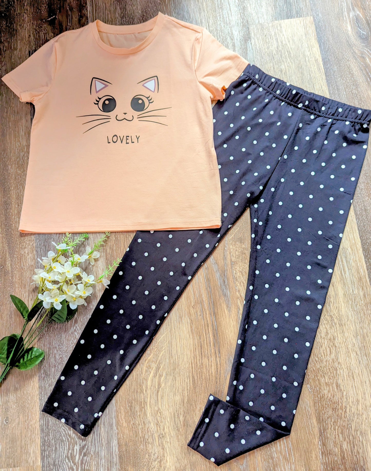 Kids Girls 2pcs Graphic Top and Polka Dot Leggings Sets