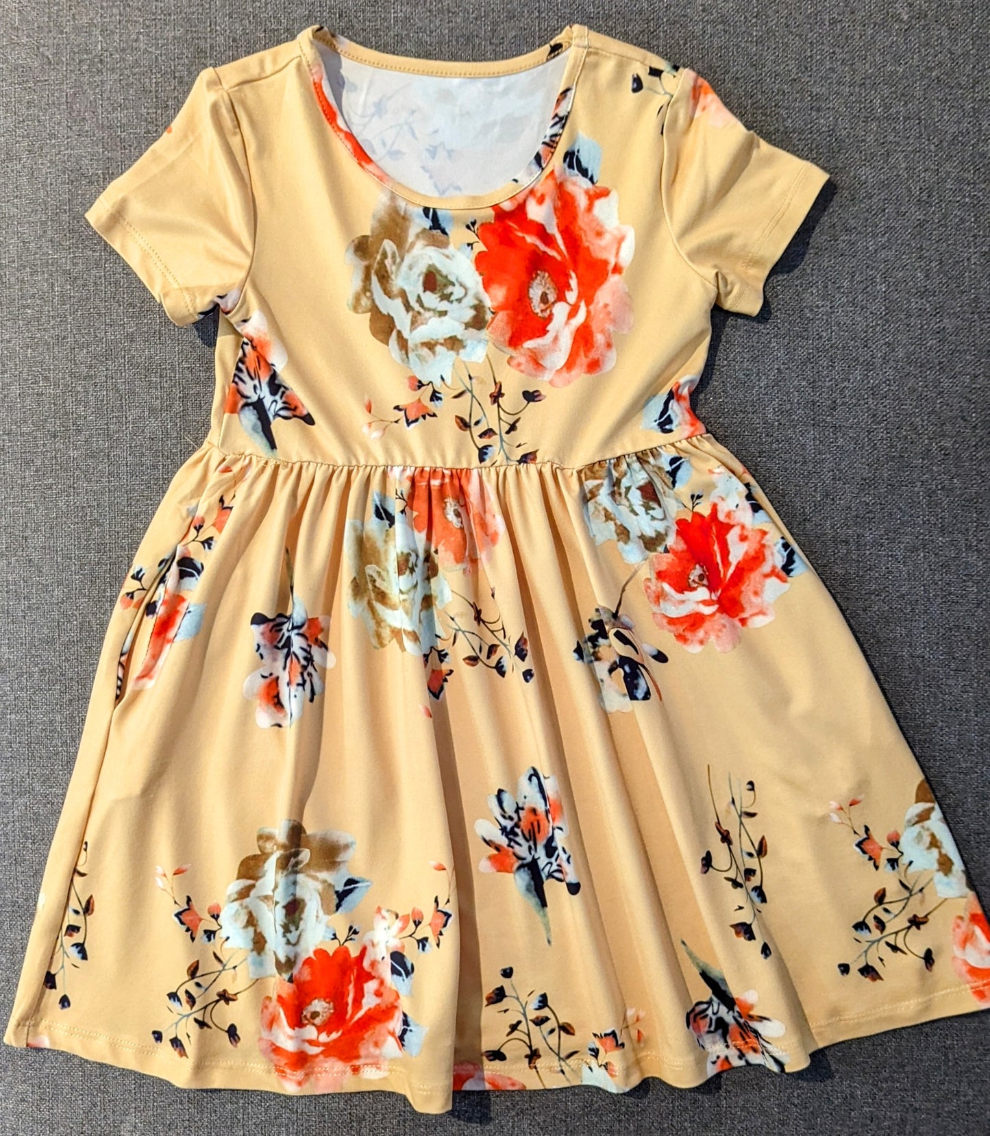 Girls Yellow Short Sleeve Pocketed Floral Dress