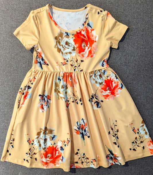 Girls Yellow Short Sleeve Pocketed Floral Dress