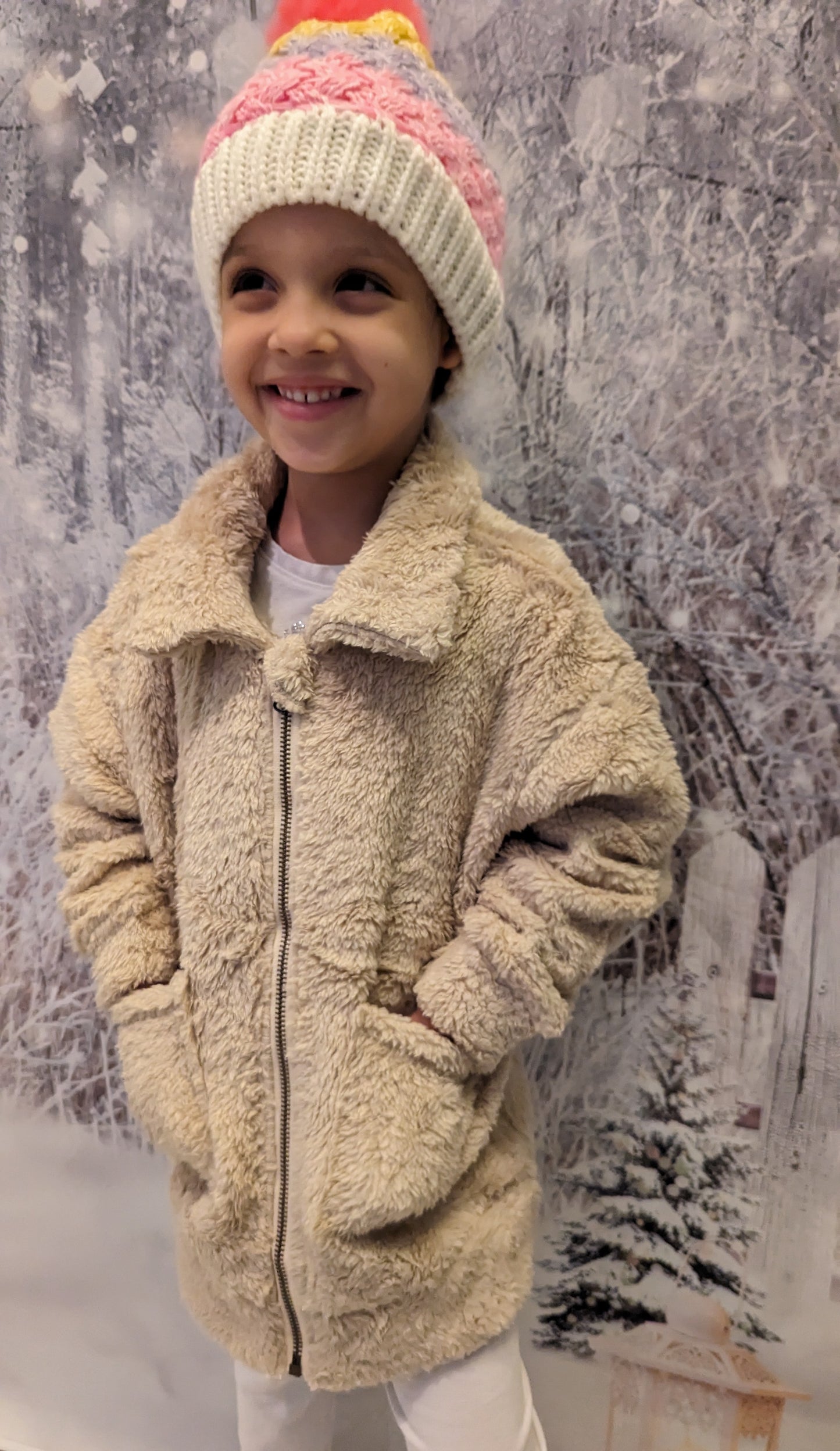 Girls Khaki Lapel Zipper Pockets Sherpa Coat