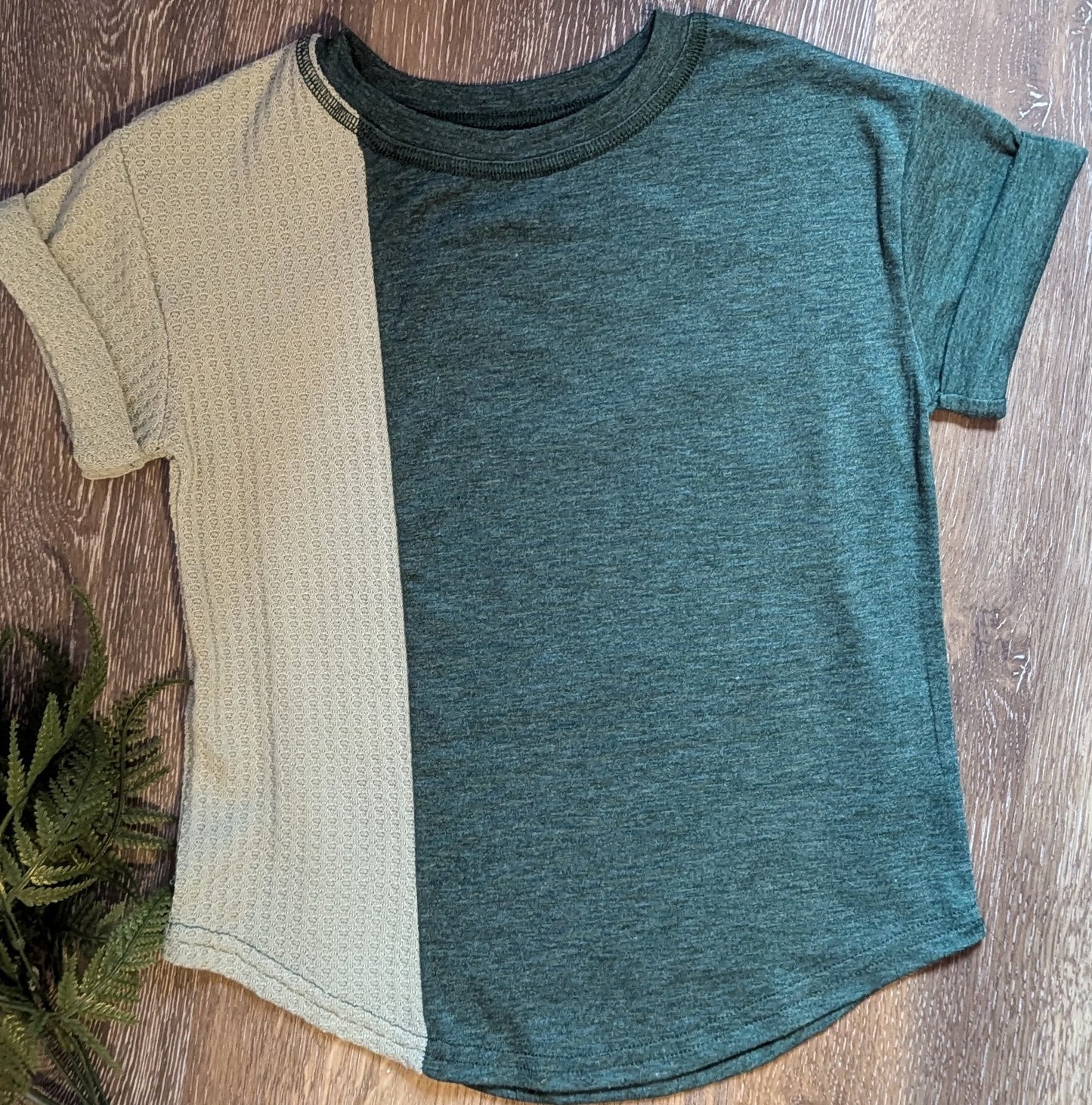 Girl Green Patchwork Short Sleeve Waffle Knit Tee