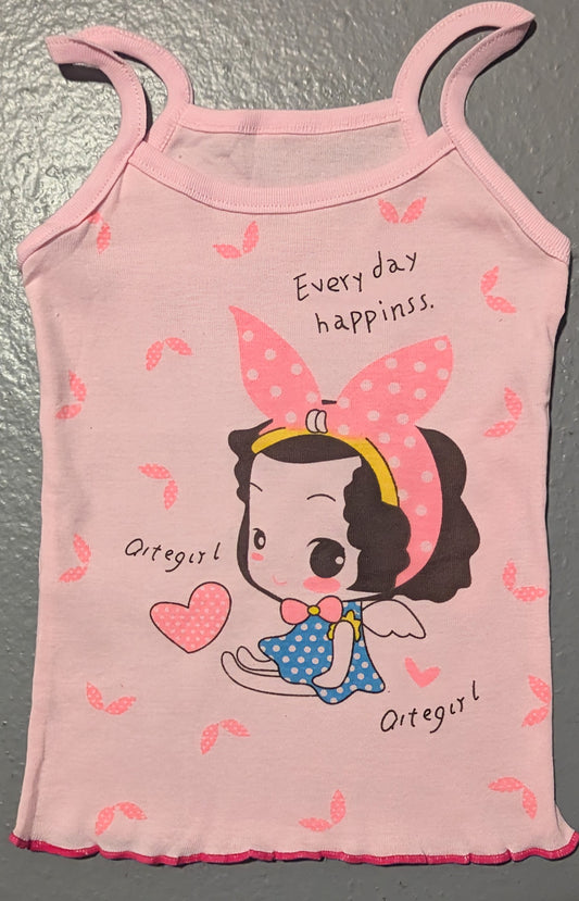 Girls Cute Pink Cotton Sleeveless Cartoon Print Top