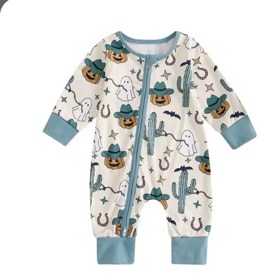 Baby Girls and Boys Crew Neck Long Sleeve Halloween Jumpsuit with Zipper