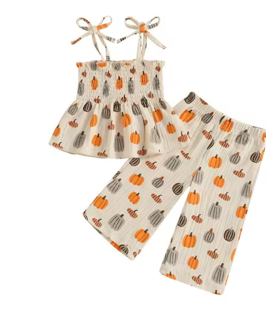 Girls 2 Piece Halloween Pumpkin Spaghetti Strap Babydoll Tops with Wide Leg Pants
