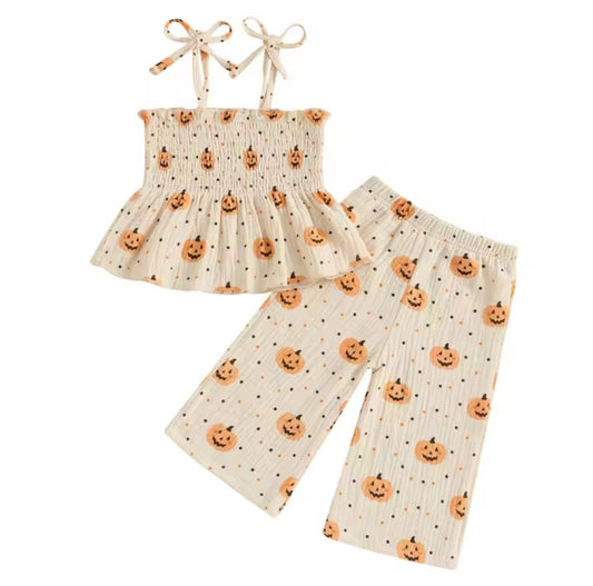 Girls 2 Piece Halloween Pumpkin Spaghetti Strap Babydoll Tops with Wide Leg Pants