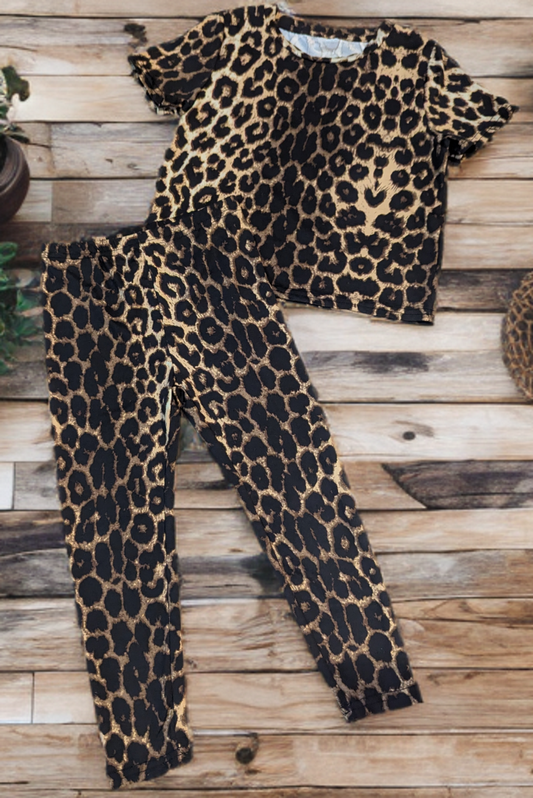 Girls Leopard Print Short Sleeve Top and Pants Set