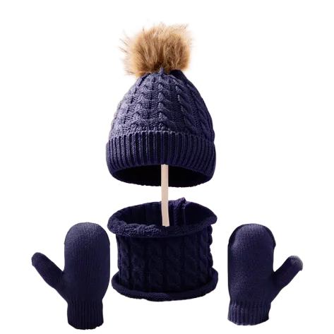 Kids Girls Navy Blue Wool Three-Piece Scarf Sets